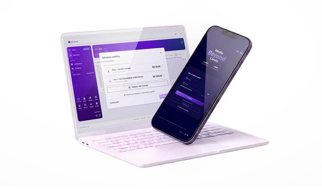 Interface da Maia em um notebook e celular exibindo a tela de adição de créditos com pacotes de 50.000 e 100.000 créditos