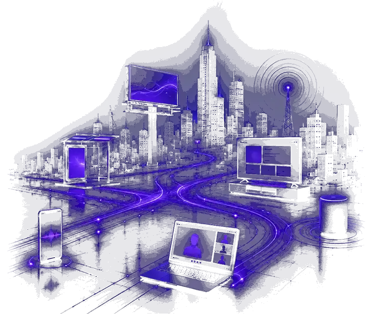 Ilustração de uma cidade de mídia futurista conectando TV, rádio, outdoor, celular e computador